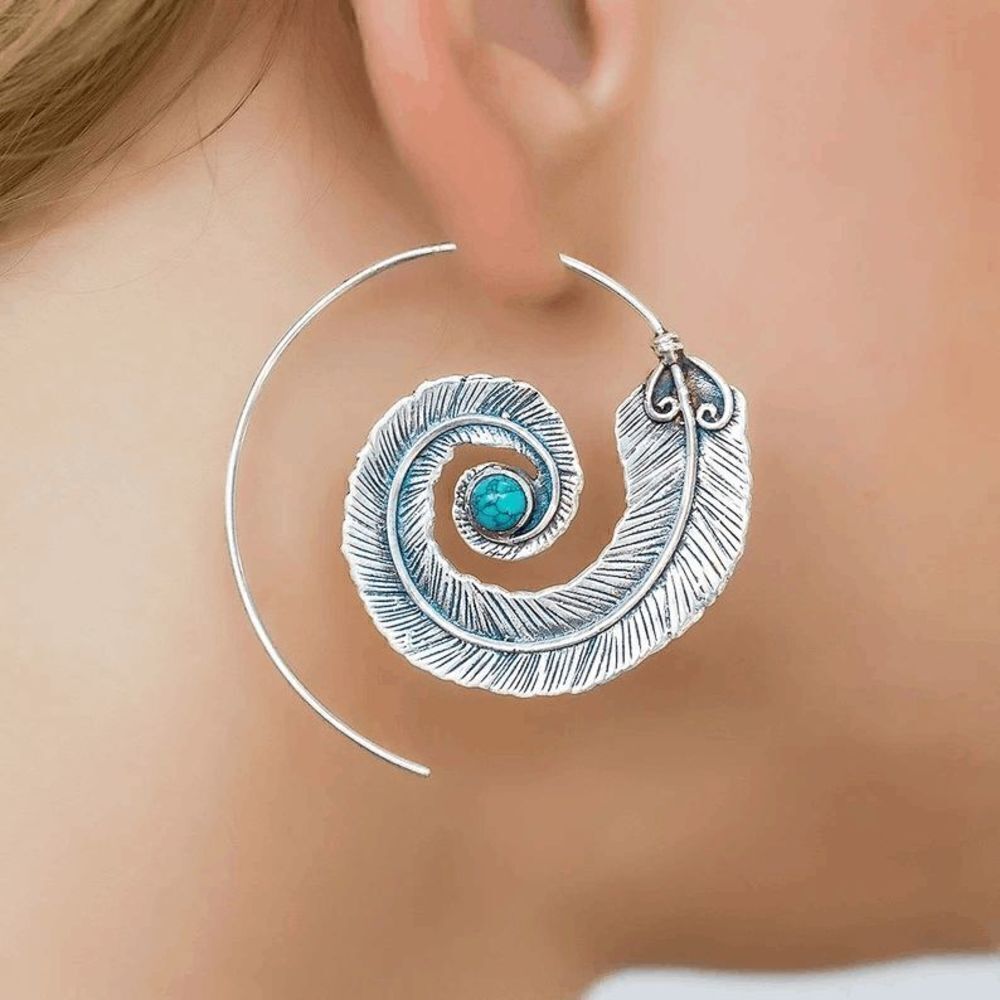Silver Boho Western Geometric Spiral Feather Turquoise Earrings